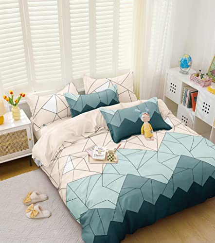 Image of FRESH FROM LOOM Summer Collection Super Soft King Size 1pc AC Comforter, 1 King Size Elastic Fitted Bedsheet 72 inchx78 inchx10 inch Inch and 2 Large Pillow Cover - 4 Piece Comforter Set - Beige Green Triangle