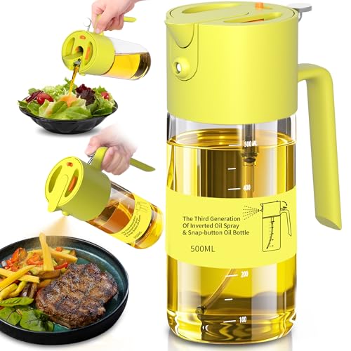 Costop Oil Sprayer for Cooking, 2025 Large Advanced Olive Oil Dispenser Bottle,500ml/17oz Glass Olive Oil Sprayer,2 in 1 Even Spray with Portion Control for Kitchen, Air Fryer, Salad, BBQ - Yellow