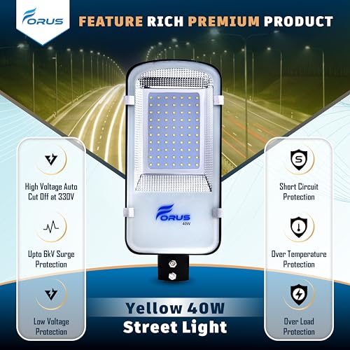 Image of Forus 40W LED Street Light Outdoor with 4 Year Warranty, High Lumen 120 lm /W Waterproof Yellow Light, Energy Saving Aluminium LED Street Lamp for Road, Parking Lot, Industrial Area Lighting (1 PC)
