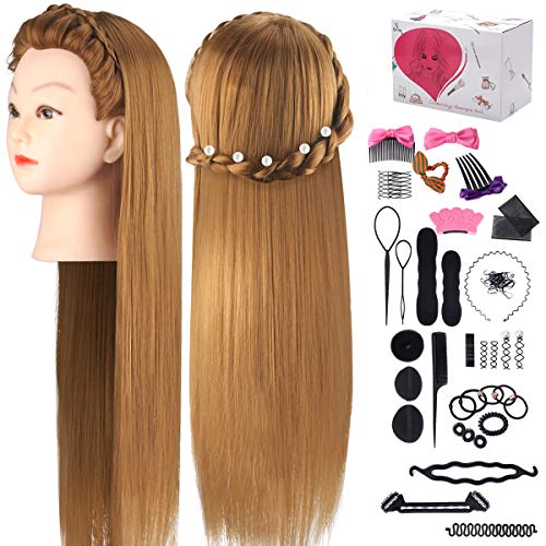 Mcwdoit 26 Inch Cosmetology Mannequin Head with Synthetic Hair, Manikin Head Hairdressing Practice Training Doll Head + Table Clamp + Hair Styling Kit