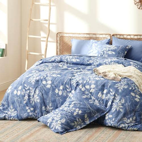Image of Bedsure Full Size Comforter Set - 7 Pieces Floral Blue Soft Bedding Sets, Full Bed in a Bag with Botanical Flowers Comforter, Sheets, Pillowcases & Shams
