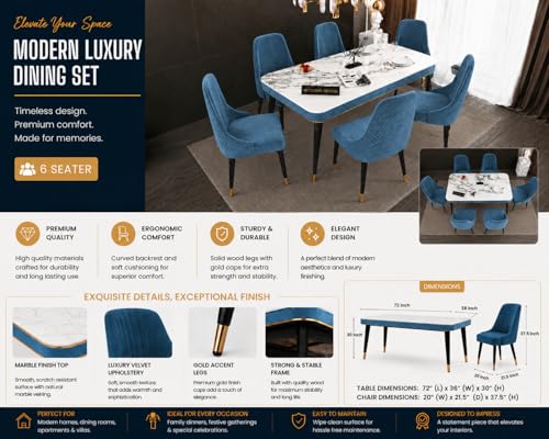 Image of WOODEN SPACE 6-Seater Wooden Dining Table Set | Nano Composite Marble Top | Solid Wood Base | Modern Dining Room Furniture with 6 Chairs (Blue Vento)