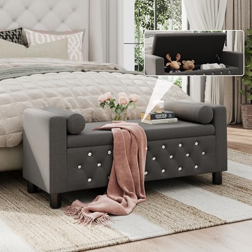 Maupvit 55" Storage Bench Ottoman End of Bed Bench Bedroom Bench, Linen Upholstered Storage Bench Accent Bench with Arms, 2 Pillows for Bedroom,Living Room, Entryway, Dark Grey