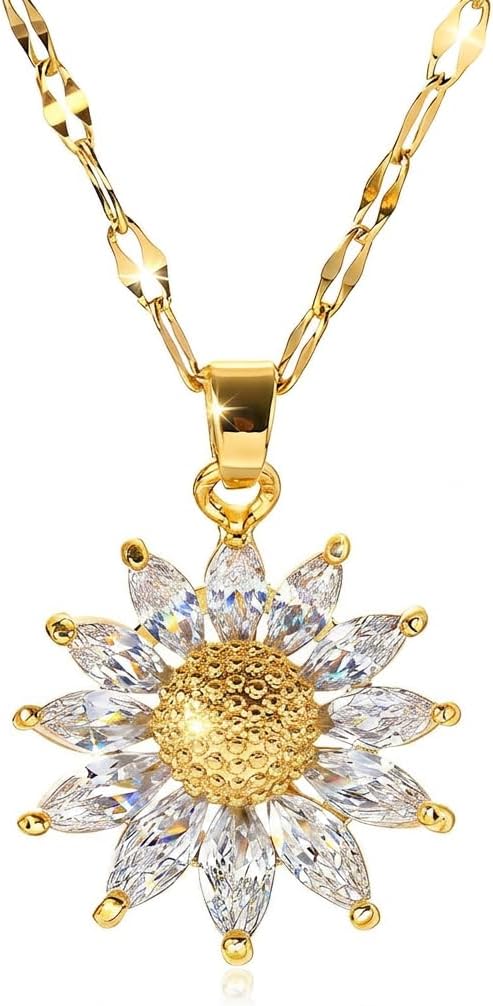 Ora & Eve Sunflower Necklace for Women – 18K Gold Crystal Flower Pendant, Dainty Waterproof & Tarnish-Free Nature-Inspired Jewelry Gift