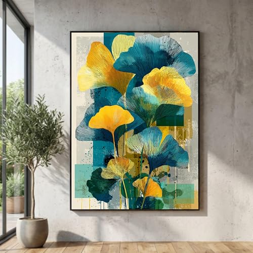 Impression botanique bleue et jaune grand format ginkgo 50x70 - 4