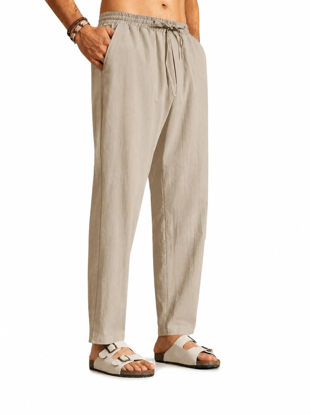 qnim Pants for Men | Loose Fit Casual Cotton Trousers | Lightweight Drawstring Beach Summer Elastic Waist Styling Pant | Comfortable Breathable Beige Relaxed Slacks (Q-71-73)-picture-39