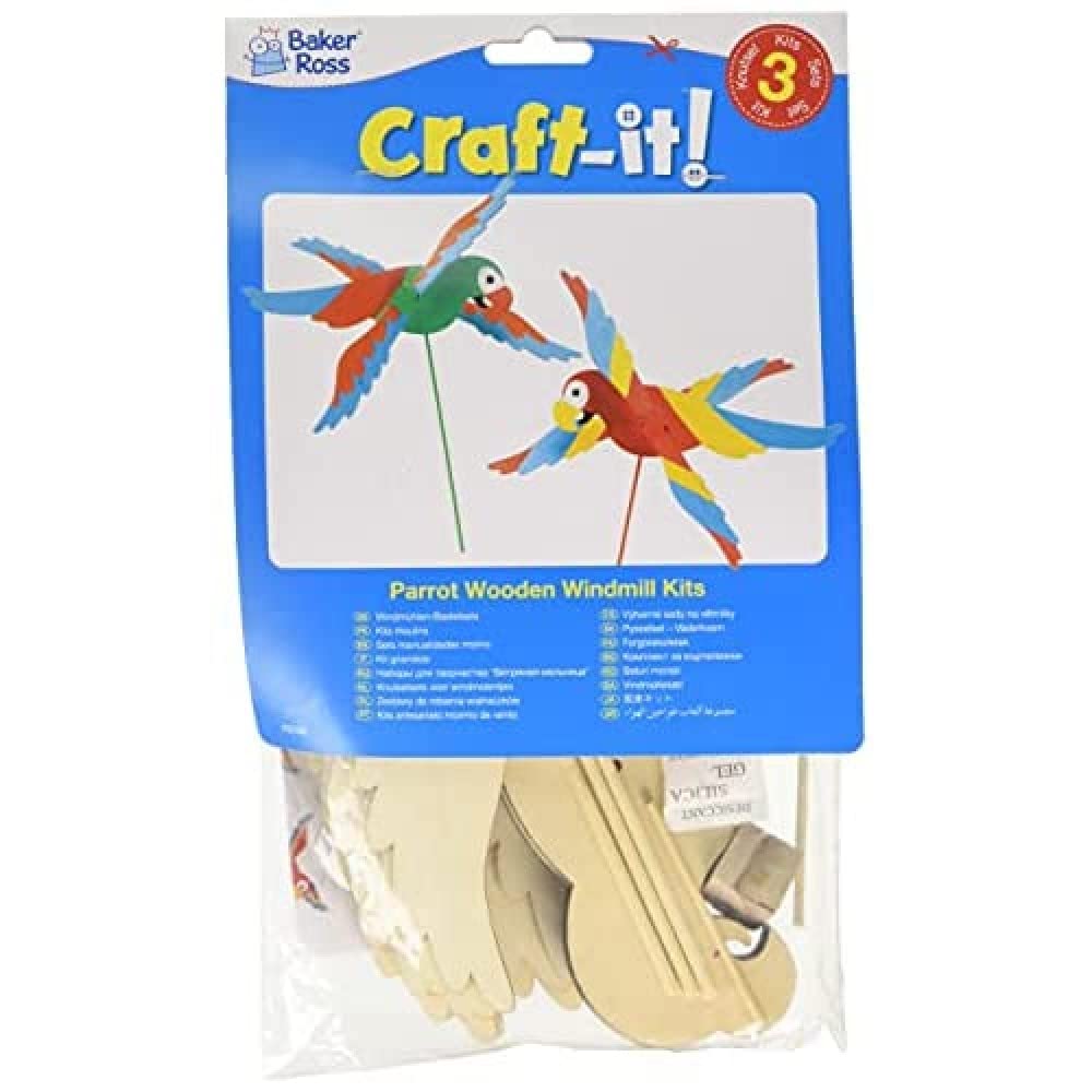 Baker Ross FE128 Parrot Wooden Windmill Kits - Pack of 3, for Kids Arts and Crafts Projects, Wooden Crafts for Children to Decorate, Personalise and Display