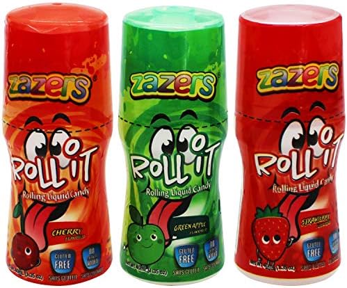 Zazers Sour Liquid Candy - Rolling Liquid Candy - 3 Pack of Roll-It Bottles 1 Cherry 1 Green Apple and 1 Strawberry, Gluten-Free and No Coloring Added (Kosher 1.35 OZ. each Bottle)