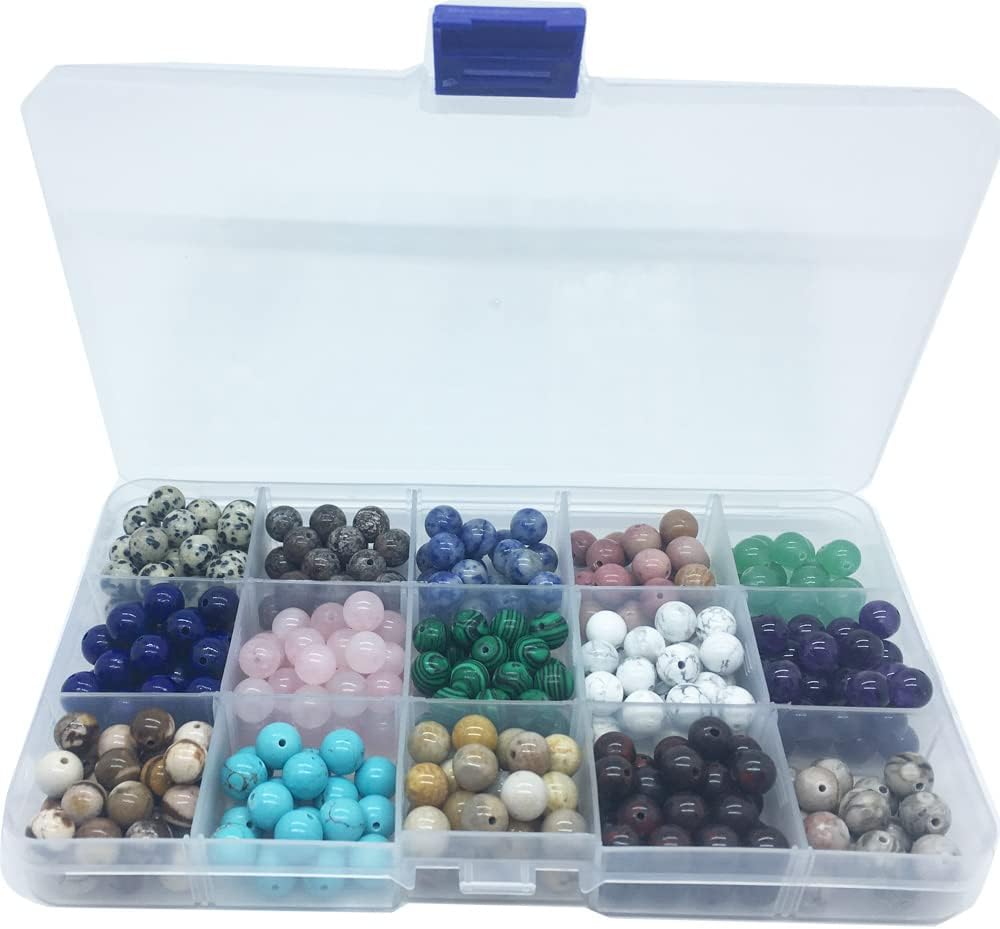 450pcs 8mm Natural Round Stone Beads Gemstone Beading Loose Gemstone Beads Hole Size 1mm DIY Smooth Beads for Bracelet Necklace Earrings Jewelry Making,Box Packed (15 Material-1, 8mm) 15 Material-1, 8mm 8mm