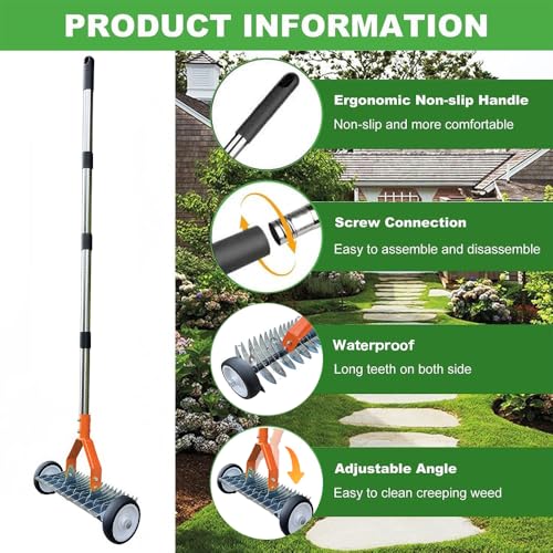 Handvertikutierer mit Rollen,Vertikutierer Rechen mit Stiel 165cm,Rasenlüfter mit Rädern,Metall Schneidrechen Garten,Abnehmbar,Verstellbarer Vertikutierrechen,Vertikutierharke für Garten,Hof,Rasen