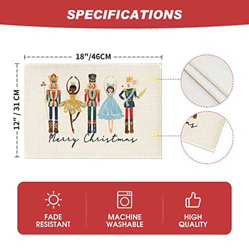 Artoid Mode Watercolor Nutcrackers Xmas Balls Merry Christmas Placemats Set Of 4, 12X18 Inch Seasonal Winter Holiday Table Mats For Party Kitchen Dining Decoration #TOP5
