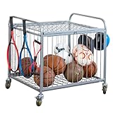 MyGift Large Capacity Ball Storage for Garage, Metal Silver Outdoor Rolling Ball Cart with Lockable Latch, Heavy Duty Caster Wheels, and 8 Accessory Hooks
