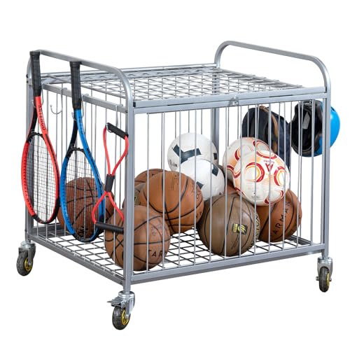 MyGift Large Capacity Metal Rolling Multi Sports Ball Cage Storage Hopper, Gym Equipment Basket Cart with Lockable Latch, Heavy Duty Caster Wheels, and 8 Accessory Hooks