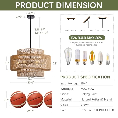 Image of 24 inch Boho Large Rattan Chandelier Light Fixture, 6-Light Large Black Pendant Light Fixture Farmhouse Rustic Chandeliers for Kitchen Bedroom, Dining Room, Living Room, Hallway, Foyer