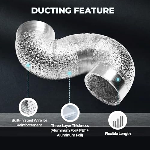 Simple Deluxe 10 Inch 25 Feet Ducting, Non-Insulated Flex Air Aluminum Foil Duct for Dryer Vent Hose, Heating, Cooling, Ventilation, Exhaust, 2 Clamps Included, Silver