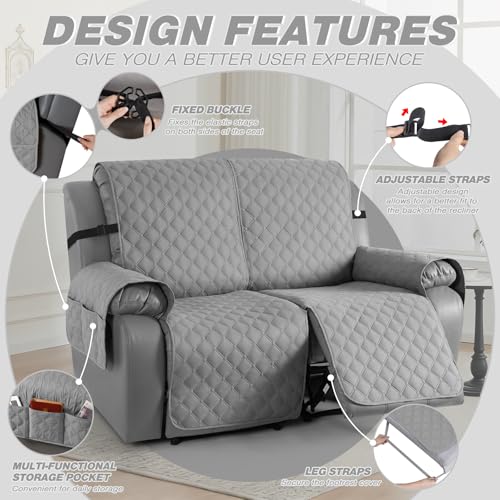 Image of TAOCOCO 100% Waterproof Recliner Covers, Recliner Sofa Covers with Leg Straps, Reversible Recliner Couch Cover for Reclining Chair, Washable Couch Protector for Pets Kids(2 Seater, Light Gray)