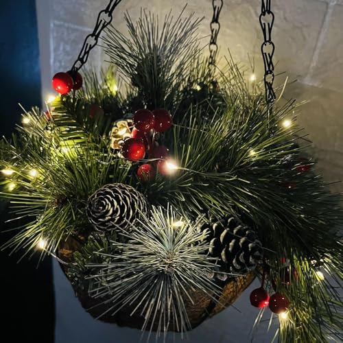 2 Set Christmas Outdoor Decor Cedar Artificial Hanging Baskets with Lights - image 6