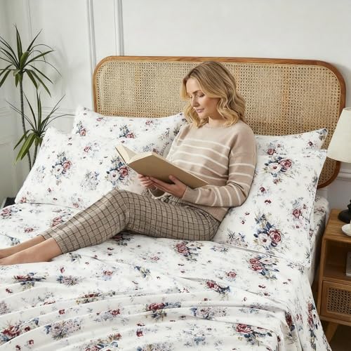 Image of FADFAY Breathable Double Gauze Cotton Sheets Set - Pistachio White Floral Cottagecore Bed Set, Ultra Soft Lightweight 100% Cotton Gauze Bedding, Summer Cooling Bed Set with Pillowcases