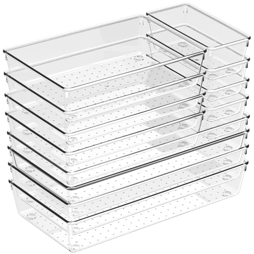 Image of 12 Pack Large Drawer Organizer Bins - Clear Plastic Bathroom Drawer Organizer Trays - Heavy Duty Kitchen Drawer Dividers for Utensils - Non-Slip Storage Bins for Makeup, Bedroom, Office Desk
