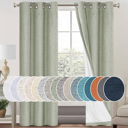 Image of PrinceDeco 100% Blackout Curtains 84 inches Long for Bedroom Linen Texture Blackout Curtains for Living Room Solid Window Treatment Drapes with White Liner Grommet Room Darkening Curtains,Sage,2 Pack