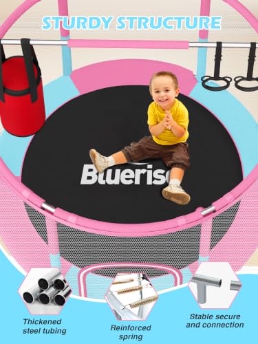 Image of BLUERISE 55IN 6FT Indoor /Outdoor Toddler Trampoline for Kids | Galvanized Steel Pipe,Multiple Activity Accessories,110lb,Safety Enclosure,Basketball Hoop,No-Gap Design,Anti-Rollover Bottom