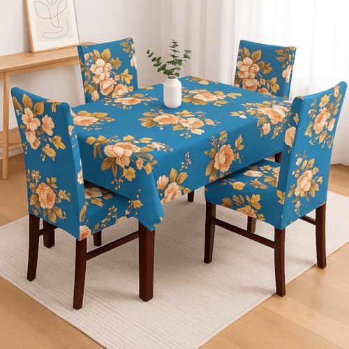 Image of Styleys Dining Chair Cover with Table Covers for Kitchen Waterproof Dining Table Cloth (1 Table Cover + 4 Chair Cover, Blue Flower, CTSD14)