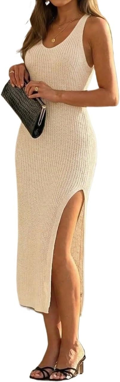 Women's Summer And Sleeveless V-Neck Backless Tie Knit Cover-Up Dress, Sexy Side Slit, Beach cover ups for swimwear