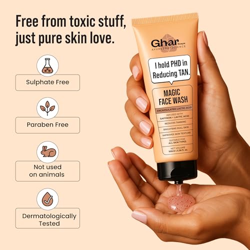 Image of Ghar Soaps De-Tan Face Wash | For Tan Reducing, Brightening & Glowing Skin | With Sandalwood, Saffron, Coconut Oil & Goat milk | For All Skin Types | 100ml (Pack of 1)