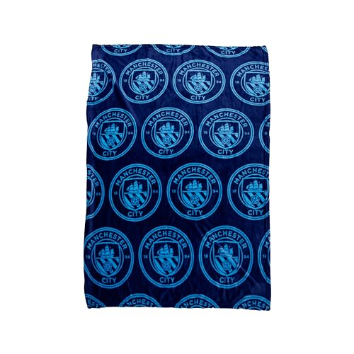 Character World Manta de Forro Polar Oficial del Manchester City FC, súper Suave, diseño de Escudo de fútbol, cálida y súper Suave al Tacto, Color Azul, hogar, Dormitorio, Fiestas de