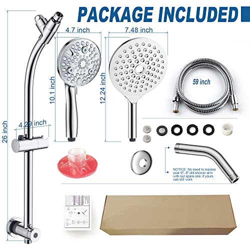 High Pressure Handheld/Rain 3-Way Shower Head Combo With 26" Adjustable Drill-Free Stainless Steel Slide Bar, 10-Mode Handheld Shower Head & 7.48" Rain Shower Head With 5Ft Hose - Polished Chrome #TOP7