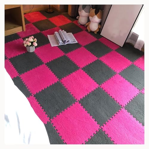 30 Piezas de baldosas de Alfombra entrelazadas peludas con Borde Esponjoso de 12 x 12 x 0,4 Pulgadas de Grosor, tapete de Juego de Goma eva for decoración del hogar(Rose Red+Gray)