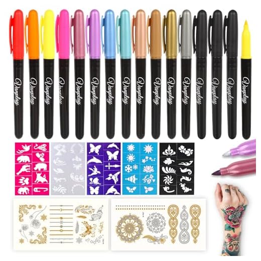 Tatuajes Temporales con 15 Rotuladores, 5 Stencil Tattoo 2 Tatuajes Pegatinas para Regalos de Fiesta, Para Niños, Adultos