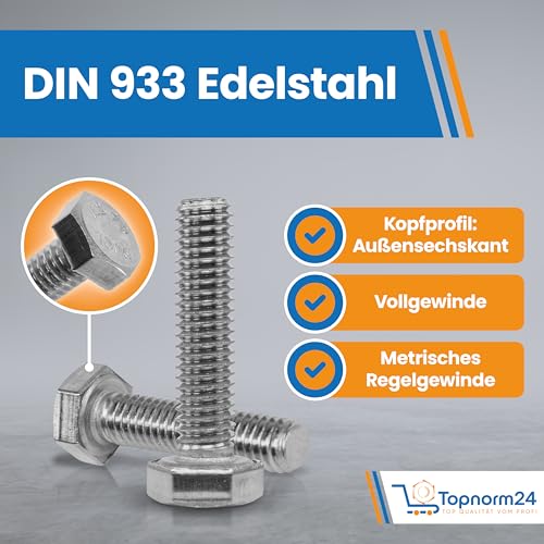 Sechskantschrauben Edelstahl M8x25 (20 Stück) DIN 933 (ISO 4017) Vollgewinde Maschinenschrauben A2 V2A rostfreier Edelstahl Sechskantkopf (M8x25 (20 Stück)