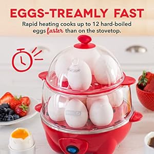 DASH Deluxe Rapid Egg Cooker for Hard Boiled, Poached, Scrambled Eggs, Omelets, Steamed Vegetables, Dumplings & More, 12 capacity, with Auto Shut Off Feature - Red - immagine 4