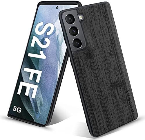Yvpwt for Samsung Galaxy S21 FE Case Slim Fit Thin Simulation Wood Grain Cover Anti-Scratch Shockproof Drop Proof Wireless Charging Protective Durable Cover for Samsung S21 FE 5G (Black)