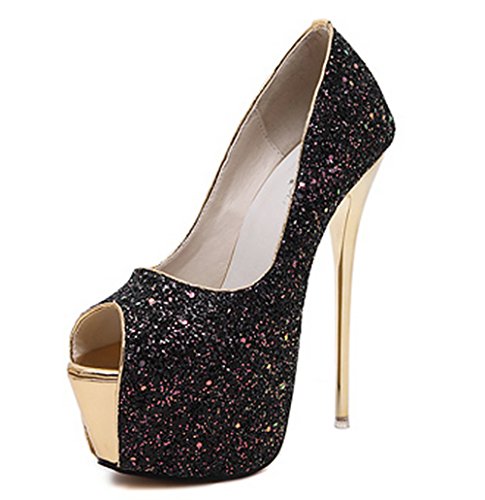ウェディング パーティー シューズ サンダル レディース ハイヒール ピンヒール キャバサンダル 滑り止め カジュアル 厚底 花嫁 歩きやすい オフィス 痛くない 疲れない 美脚 パーティー 結婚式 パンプス オープントゥ キラキラ (22.5, ブラック