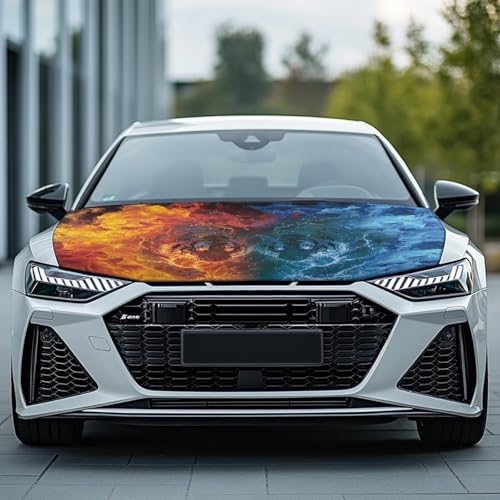 Image of Car Hood Cover Protector, A Washable Automotive Accessory with Flaming Tiger Design for Car Front Hoods