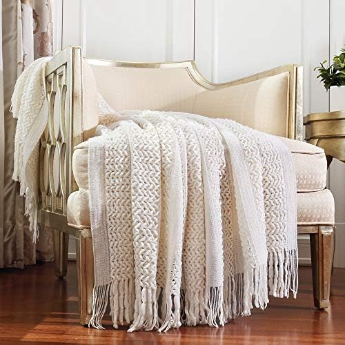 CREVENT Farmhouse Knit Throw Blanket for Couch Sofa Chair Bed Home Decoration, Soft Warm Cozy Light Weight (127cmX152cm Cream / White )