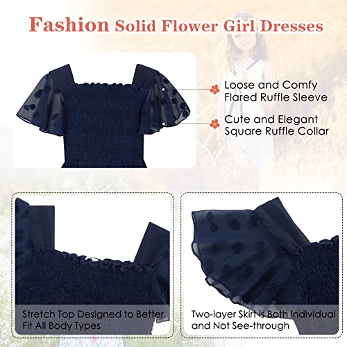 Navy Blue Girl Dress Size 10-11 Flutter Sleeves Casual Flared Skater Ruffle Swiss Dot Dress Youth Kids Stretchy Waist Solid Color Shirt Dress For Age 10 11 Big Girls Party Performance #TOP4