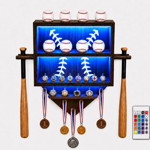 Baseball Display Shelf with LED Light Baseball Ring Holder Wall Mount Wooden Display Case for Rings Medals Collectibles Home Plate Decor Organizer for Boys Son Room Gift
