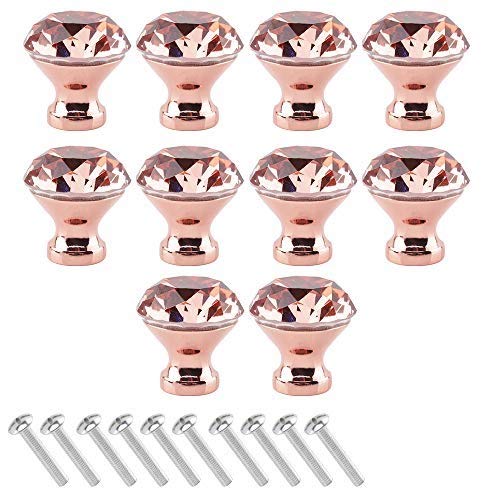 Pomos de Cristal Tiradores de 10 Piezes Cristal Diamante Pomo Cajón de 30 mm / 40 mm Perillas de Cristal Gabinete con Tornillos para Decoración del Hogar Manija de Cajón (Oro Rosa-30 Mm) Cover