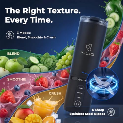 Image of KILIG Vortex Blitz Stainless Steel Portable Blender 470ml, USB-C, Black | SUS304 Steel Insulated Jar, 6 Blades; 3 modes (Blend, Smoothie, Crush); twist-and-sip; 1-yr warranty