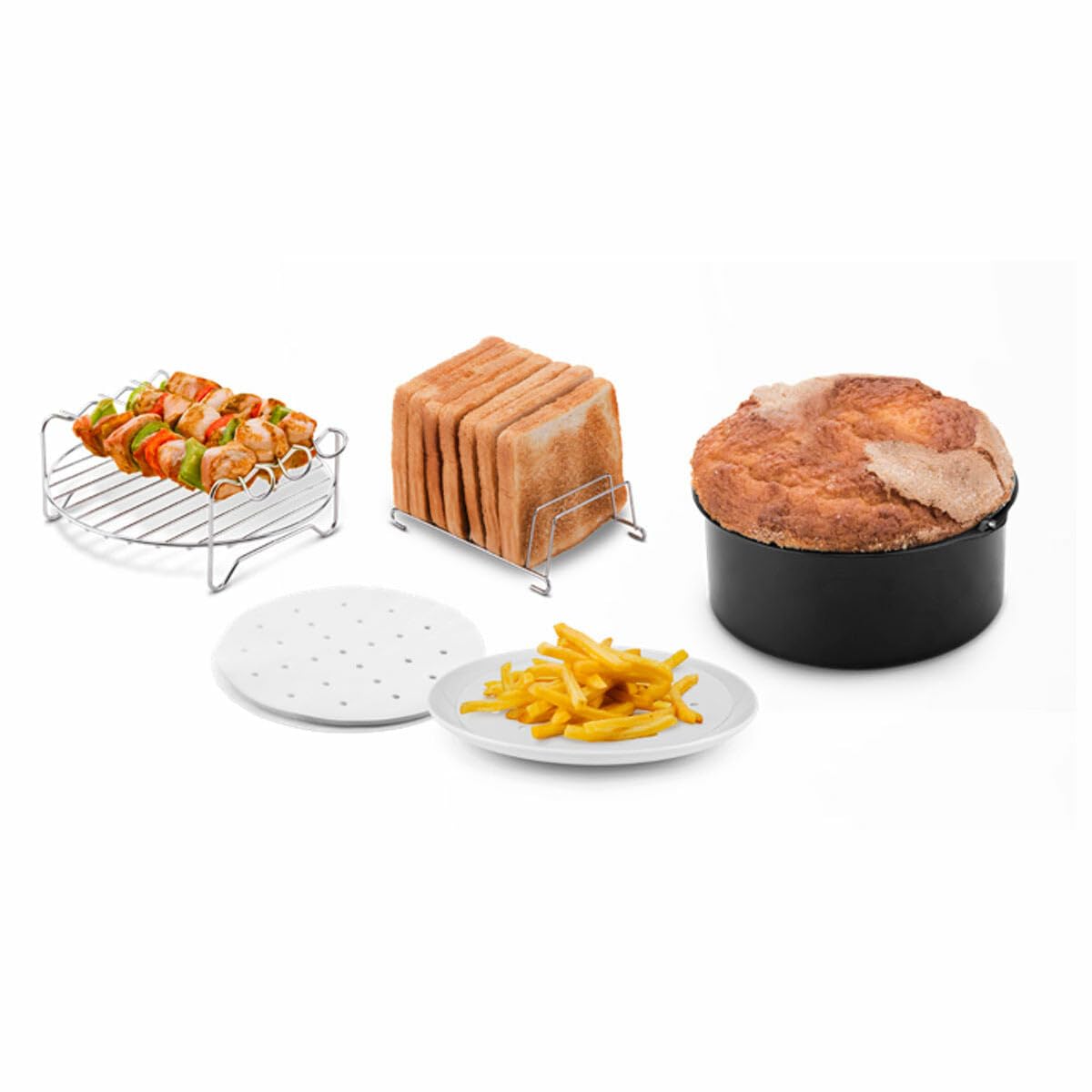 Ufesa Pack 4 Accesorios para Freidora de Aire sin Aceite, 3.5L o más, Molde Bizcocho, Parilla, Pinchos, Soporte para Tostadas y Papel Vegetal, Sin BPA