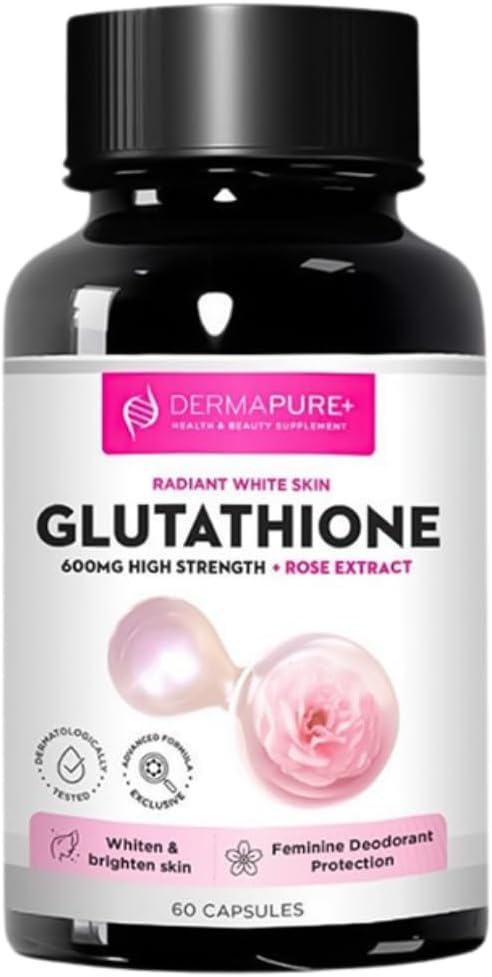 Dermapure Glutathione Whitening Pills 2-in-1, 600mg with Rose Oil Extract – Skin Lightening & Deodorant Supplement - Dark Spots, Acne Scars & Hyperpigmentation – Made in USA, 60 Capsules (1 Pack)
