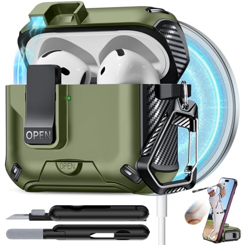 Image of for AirPods 4 Case with Lock (Dark Green) | Compatible with MagSafe,with Phone Stand,with Automatic Snap Switch Carbon Fiber Design Protection Cover with Cleaning Pen