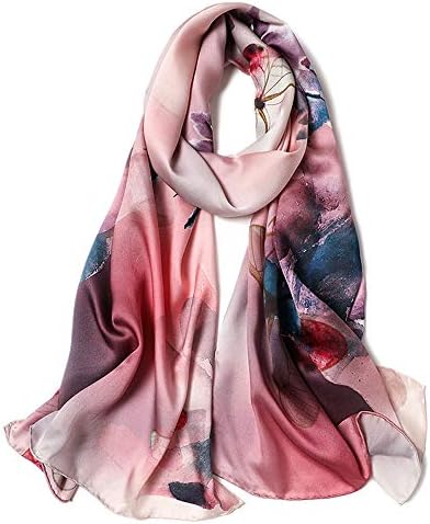 Women's Pure Mulberry Silk Scarf Floral Print Satin Long Scarf Wrap Shawl (mzyy07)