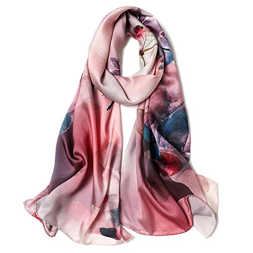 Women's 100% Mulberry Silk Scarf Floral Print Satin Long Scarf Wrap Shawl (mzyy07)