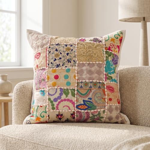 Image of Ravaiyaa - Attitude is everything Set of 5 Handmade Khambadiya Patchwork Cotton Cushion Cover 16X16 Inch | Decorative Cotton Throw Pillow Covers | Bohemian Vintage Embroidered Sofa Cushions