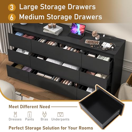 Black malm Dresser for Bedroom, 63 Inch Long 9 Drawers Dresser with Charging Station, Modern Large Wood Chest of Drawers Handle Free for Bedroom, Living Room, Entryway, Hallway, Black