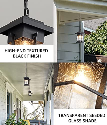 Eeru Outdoor Pendant Light Fixture Exterior Hanging Lantern With Adjustable Chain Black Finish With Seeded Glass Outside Lights For House Patio Front Porch Lighting #TOP3